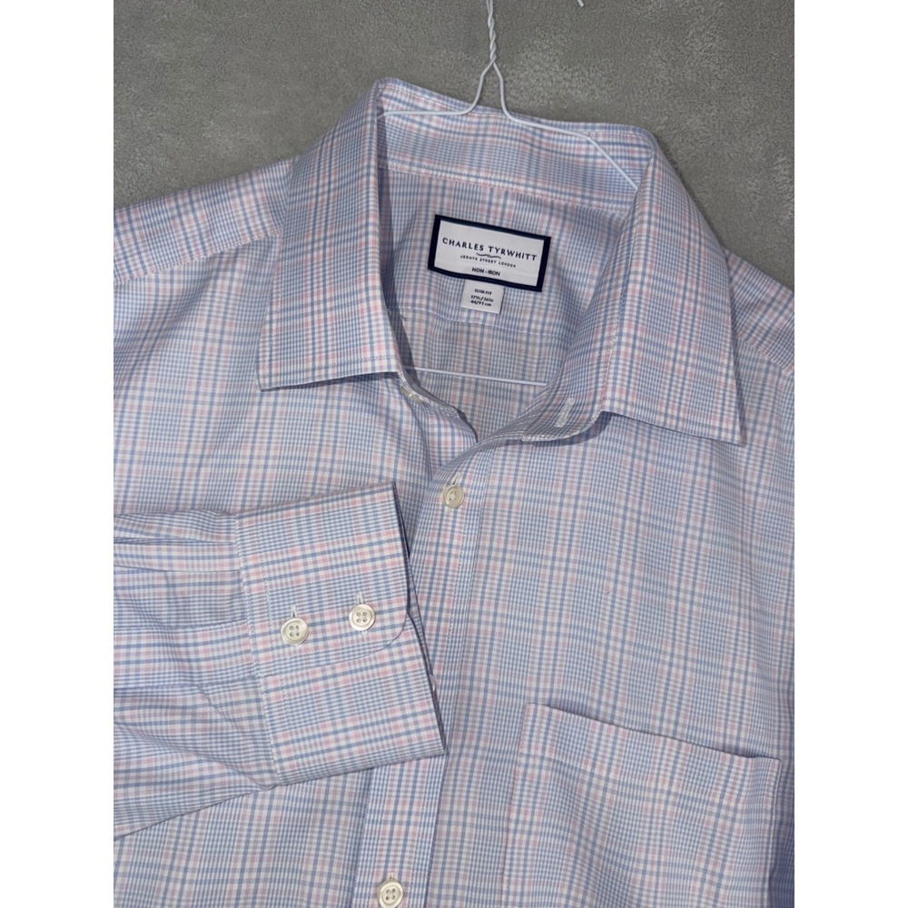 Charles Tyrwhitt Mens 17.5X36 Slim Fit Non-Iron Dress Shirt Blue Pink Check